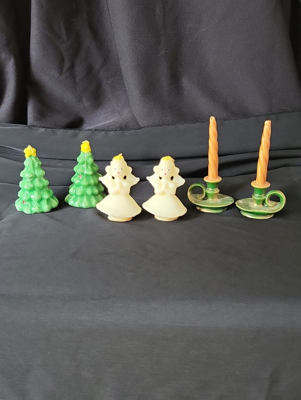 6 Vintage Holiday Gurley Candle Set Christmas Trees, Cream Angels & Candlesticks
